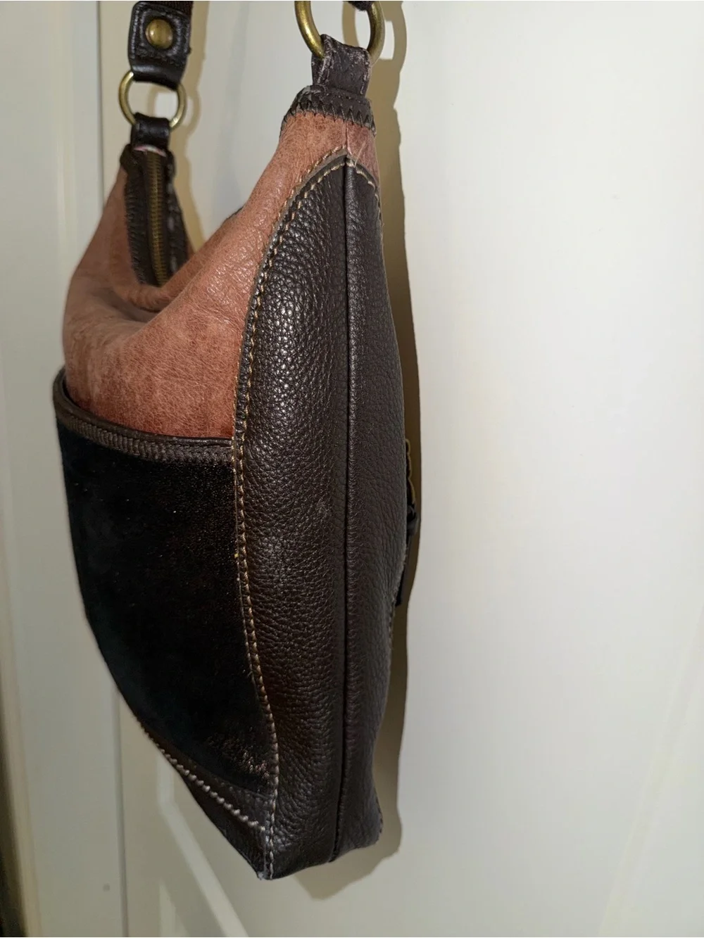 The Sak Colorblock Leather Suede Hobo Crossbody Bag Brown Black Boho Bag